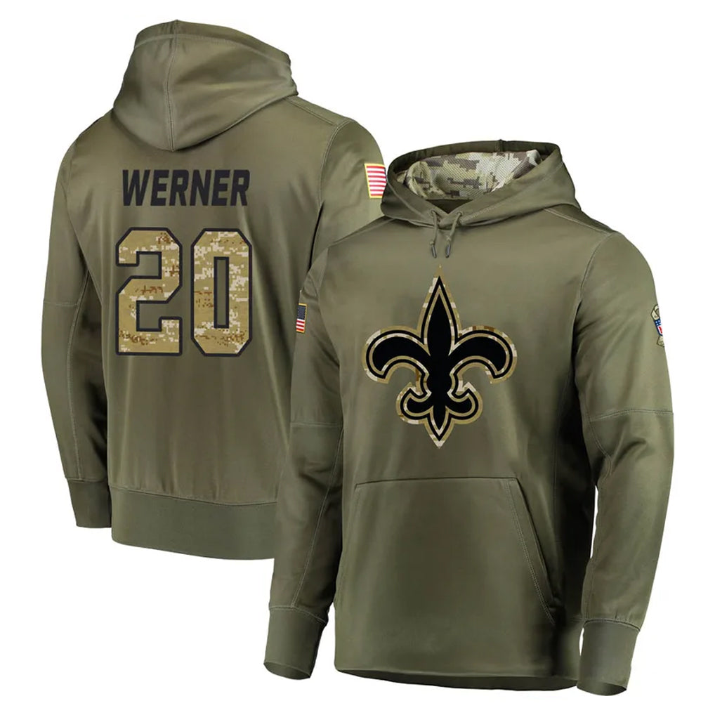 NO.Saints #20 Pete Werner Player Olive Salute to Service Pullover Hoodies Home Game Ldoa Stitched Jerseys