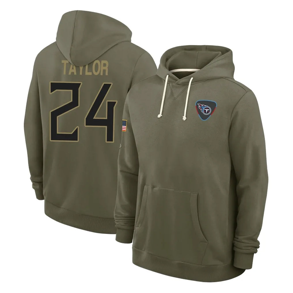 T.Titans #24 Alontae Taylor Player Olive Salute to Service Hoodies Home Game Ldoa Stitched Jerseys