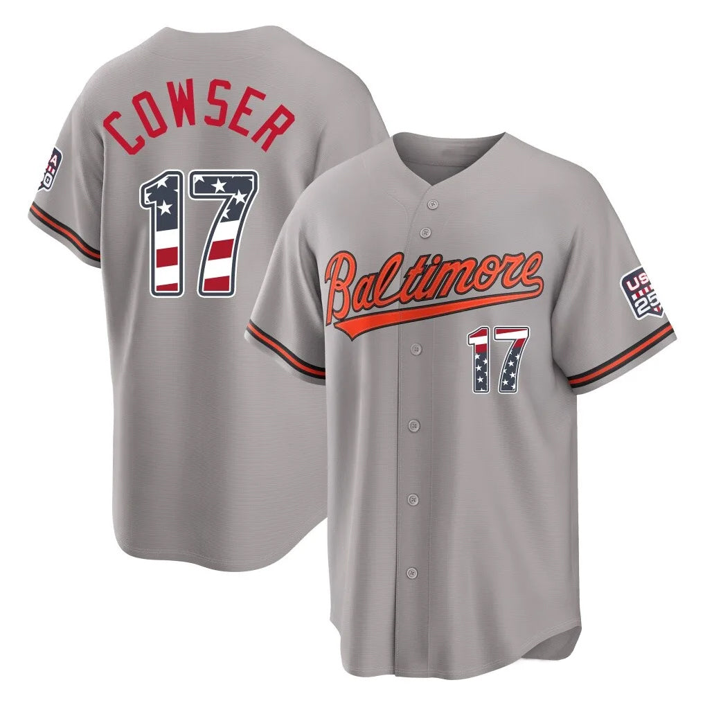 B.Orioles #17 Colton Cowser Player Gray USA 250 Fourth of July Home Game Ldoa Stitched Jerseys