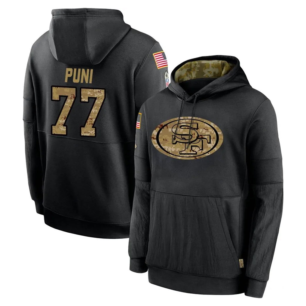 SF.49ers #77 Dominick Puni Player Black Salute to Service Sideline Performance Pullover Hoodies Home Game Ldoa Stitched Jerseys