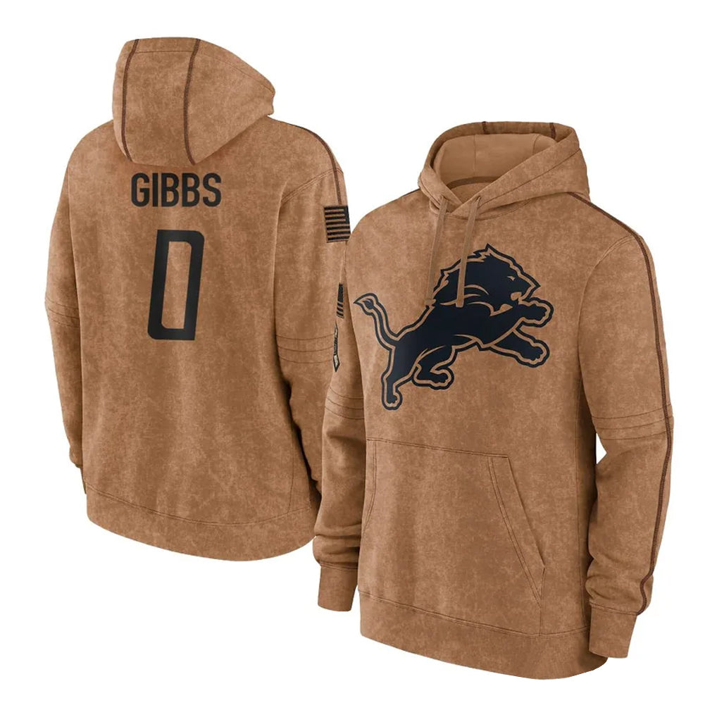 D.Lions #0 Jahmyr Gibbs Player Brown Salute to Service Hoodies Limited Game Ldoa Stitched Jerseys