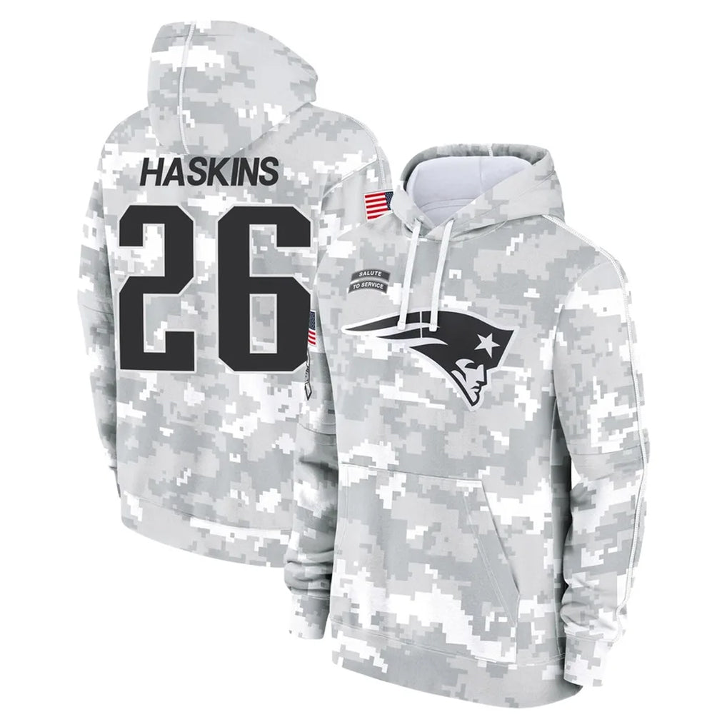 NE.Patriots #26 Hassan Haskins Player Arctic Camo Salute to Service Pullover Hoodies Limited Game Ldoa Stitched Jerseys