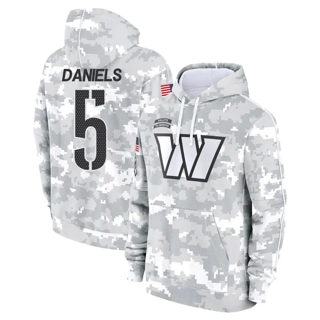 W.Commanders #5 Jayden Daniels Player Arctic Camo Limited Salute to Service Pullover Hoodies Game Ldoa Stitched Jerseys