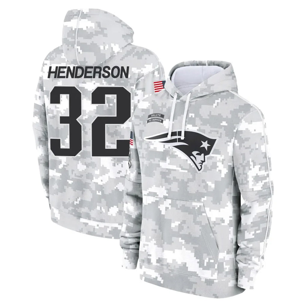 NE.Patriots #32 TreVeyon Henderson Player Arctic Camo Salute to Service Pullover Hoodies Limited Game Ldoa Stitched Jerseys