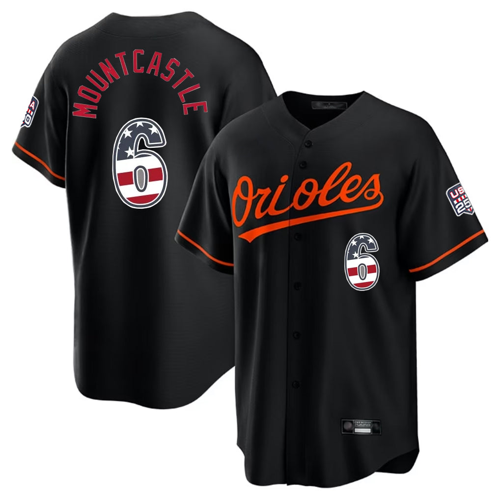 B.Orioles #6 Ryan Mountcastle Player Black USA 250 Fourth of July Home Game Ldoa Stitched Jerseys