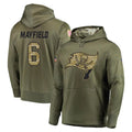 TB.Buccaneers #6 Baker Mayfield Player Olive Salute to Service Pullover Hoodie Home Game Ldoa Stitched Jerseys