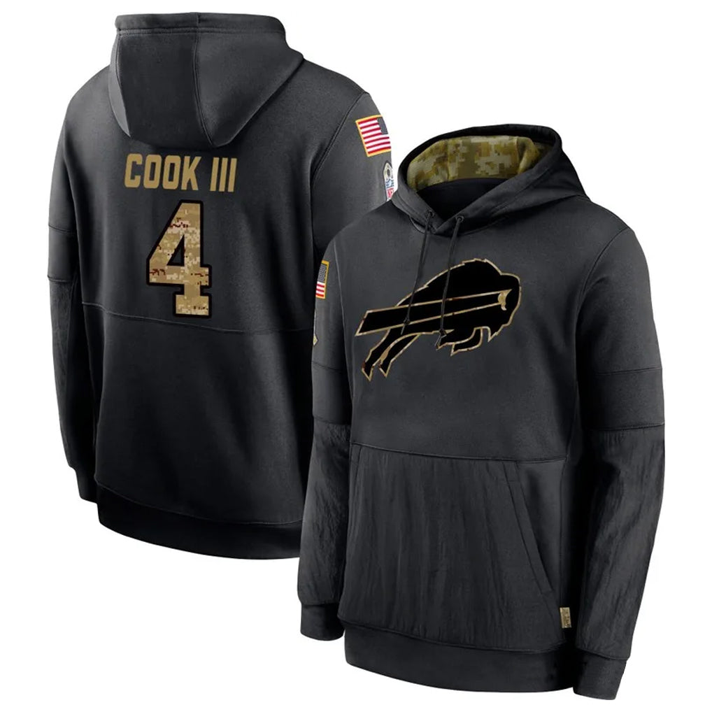 B.Bills #4 James Cook III Player Black Salute to Service Hoodies Hame Ldoa Stitched Jerseys
