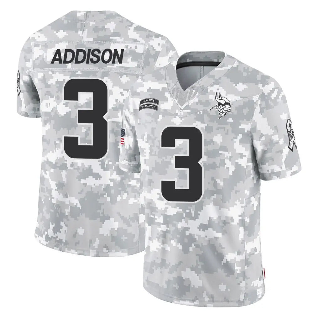 M.Vikings #3 Jordan Addison Player Arctic Camo Salute To Service Limited Game Ldoa Stitched Jerseys