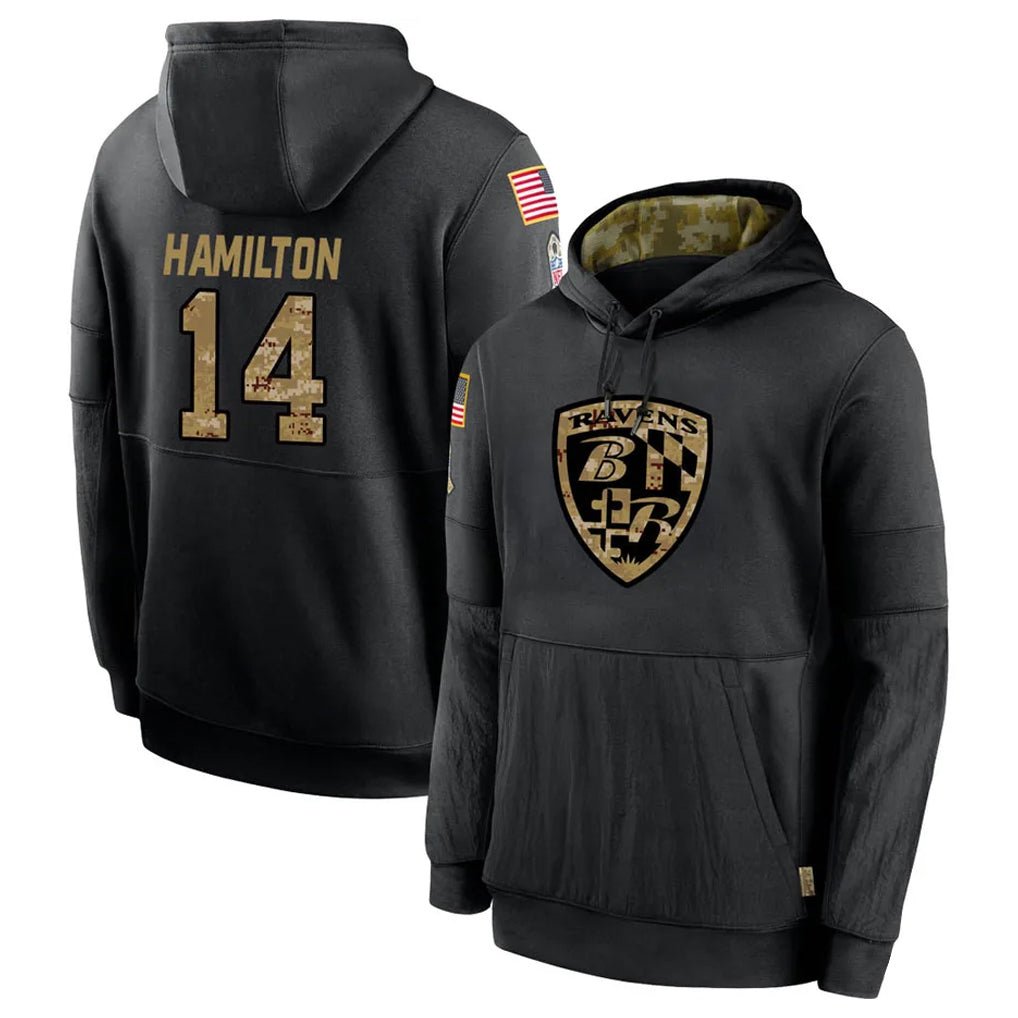 B.Ravens #14 Kyle Hamilton Player Black Salute to Service Pullover Hoodie Ldoa Stitched Jerseys
