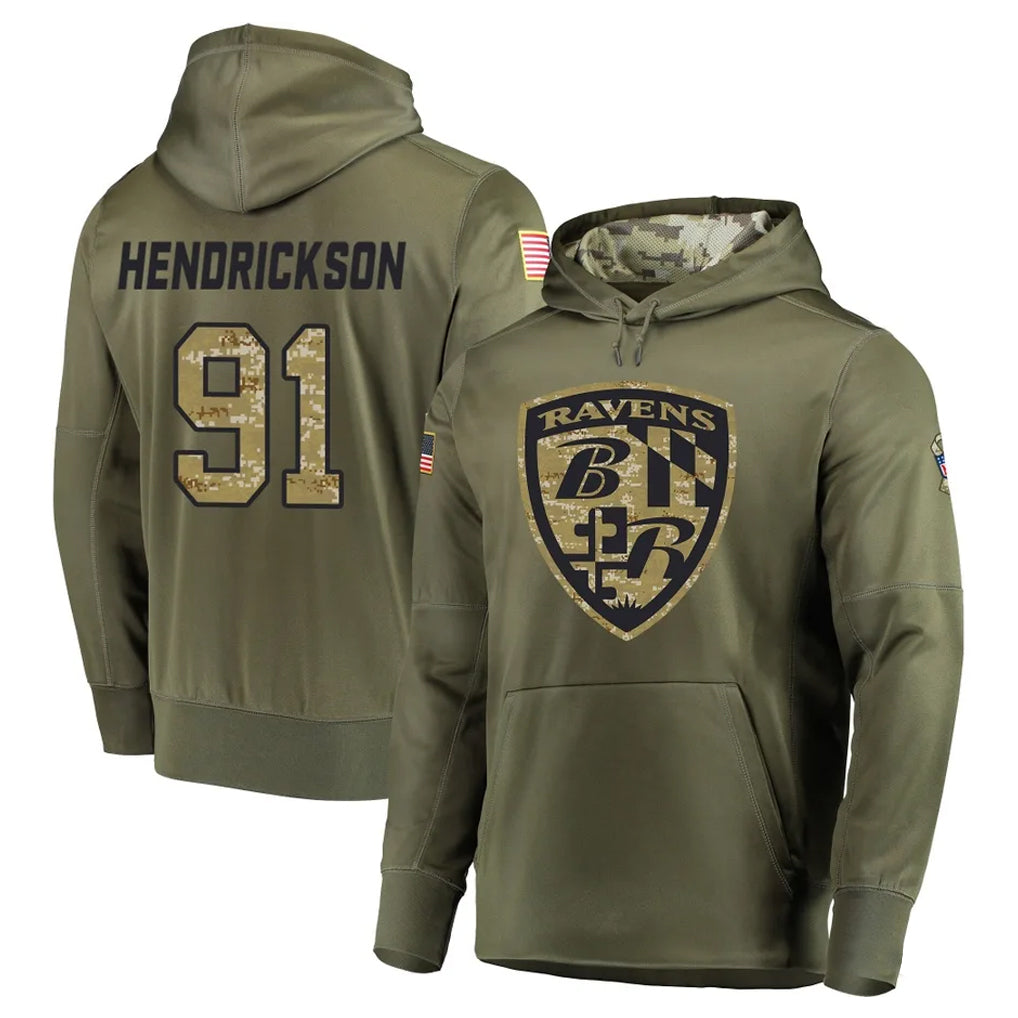 B.Ravens #91 Trey Hendrickson Player Olive Salute to Service Pullover Hoodie Ldoa Stitched Jerseys