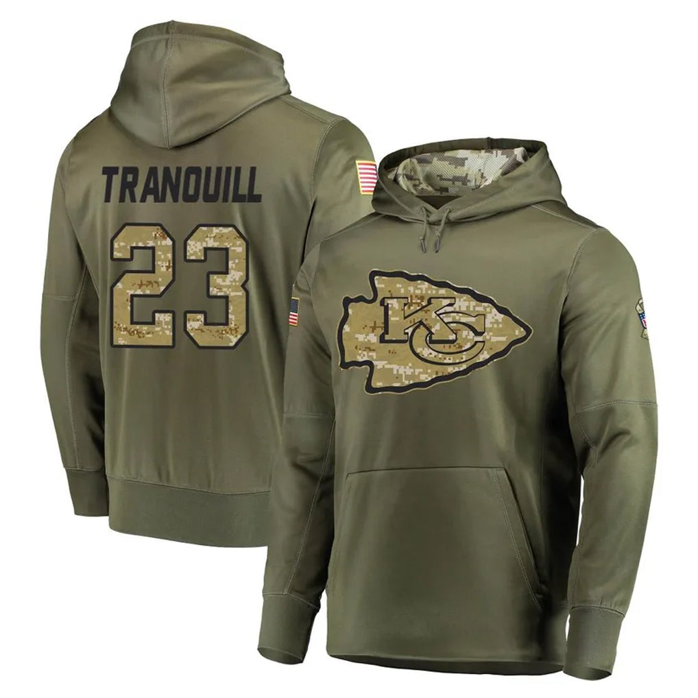 KC.Chiefs #23 Drue Tranquill Player Olive Salute to Service Pullover Hoodies Home Game Ldoa Stitched Jerseys