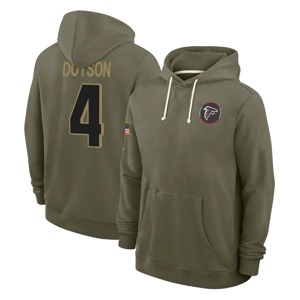A.Falcons #4 Jahan Dotson Player Olive 2025 Salute to Service Hoodies Ldoa Stitched Jerseys