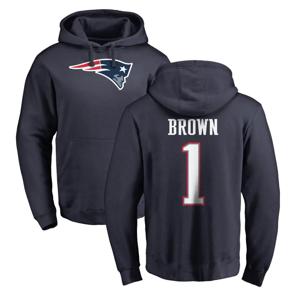 NE.Patriots #1 A.J. Brown Player Navy LOGO Pullover Hoodies Home Game Ldoa Stitched Jerseys