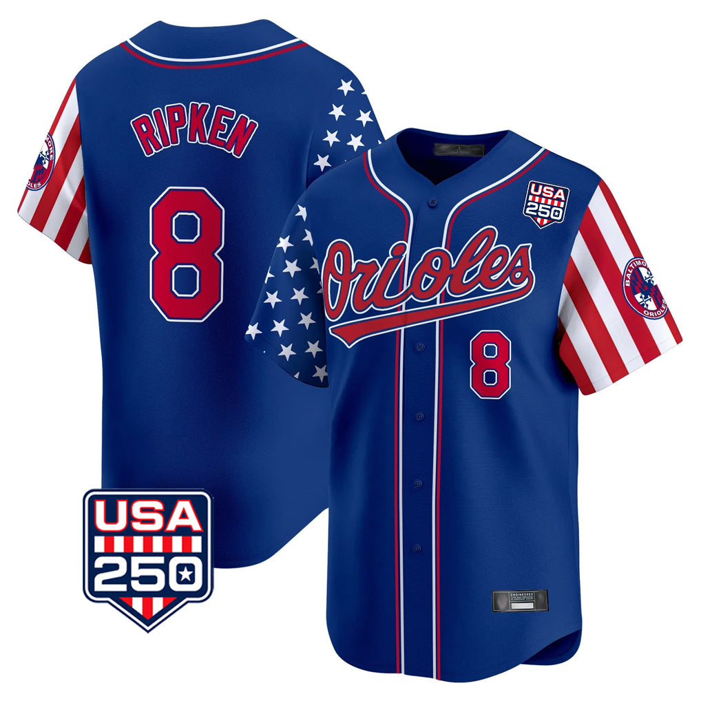 B.Orioles #8 Cal Ripken Player Royal USA 250 Independence Day Vapor Premier Limited Home Game Ldoa Stitched Jerseys