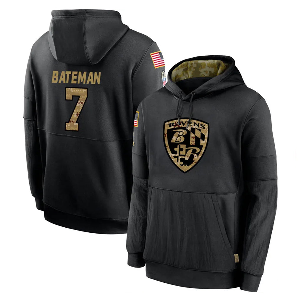 B.Ravens #7 Rashod Bateman Player Black Salute to Service Pullover Hoodie Ldoa Stitched Jerseys