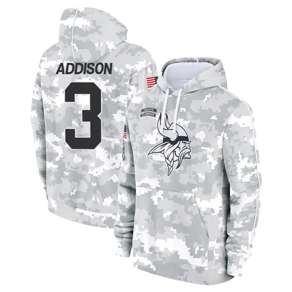 M.Vikings #3 Jordan Addison Player Arctic Camo Salute to Service Pullover Hoodies Limited Game Ldoa Stitched Jerseys