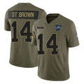 D.Lions #14 Amon-Ra St. Brown Player Olive 2025 Salute To Service Limited Home Game Ldoa Stitched Jerseys