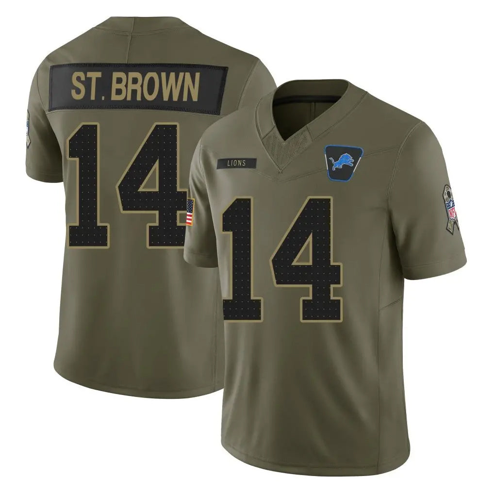 D.Lions #14 Amon-Ra St. Brown Player Olive 2025 Salute To Service Limited Home Game Ldoa Stitched Jerseys