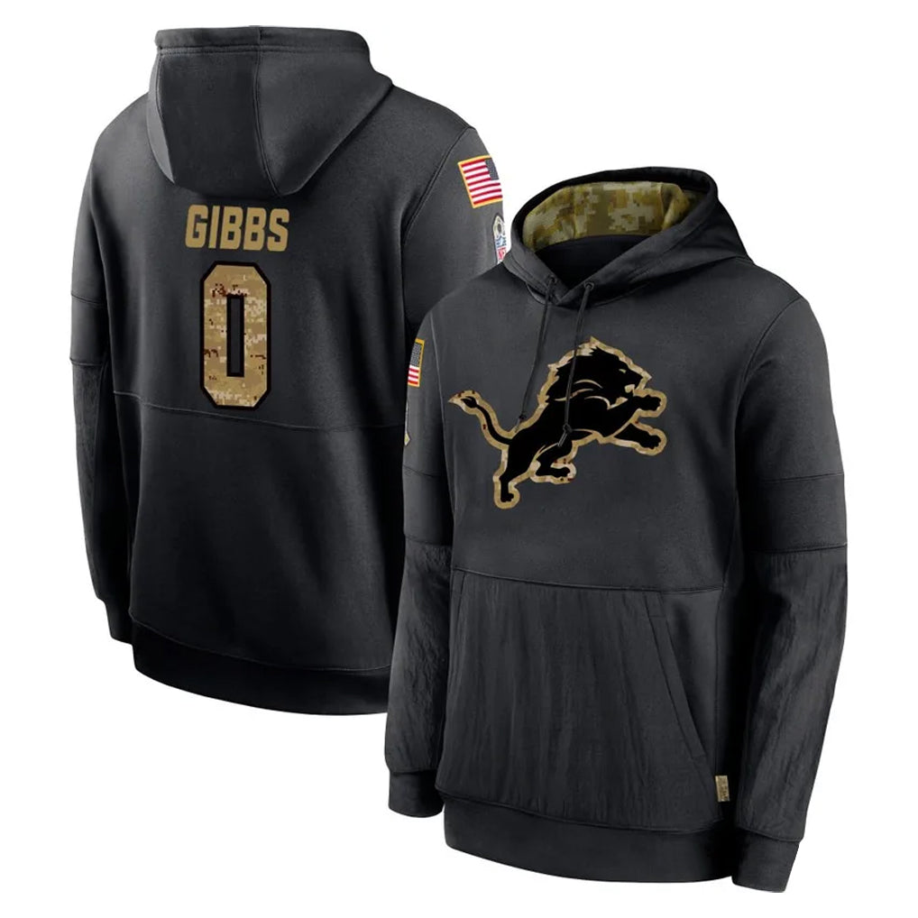 D.Lions #0 Jahmyr Gibbs Player Black Salute to Service Hoodies Limited Game Ldoa Stitched Jerseys