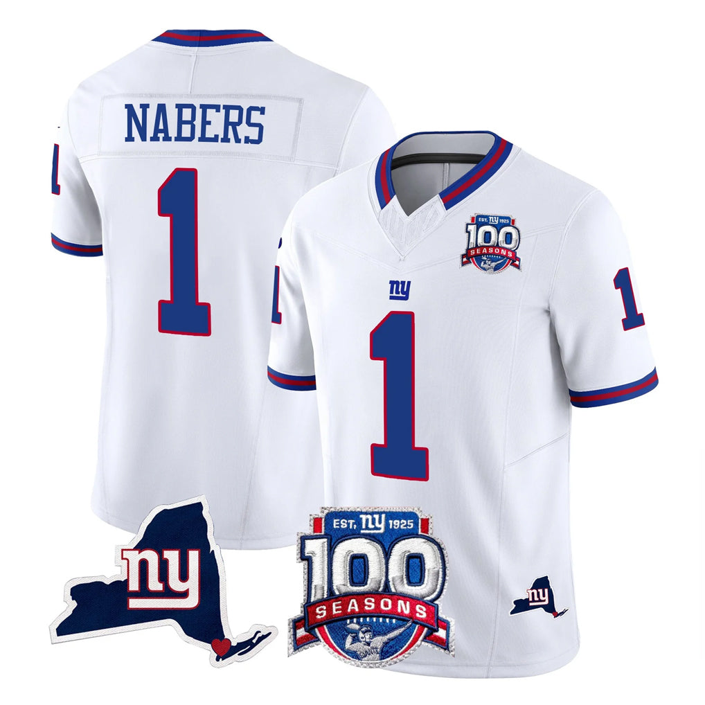 NY.Giants #1 Malik Nabers Player White 100th Season & State Patch Vapor Limited Home Game Ldoa Stitched Jerseys