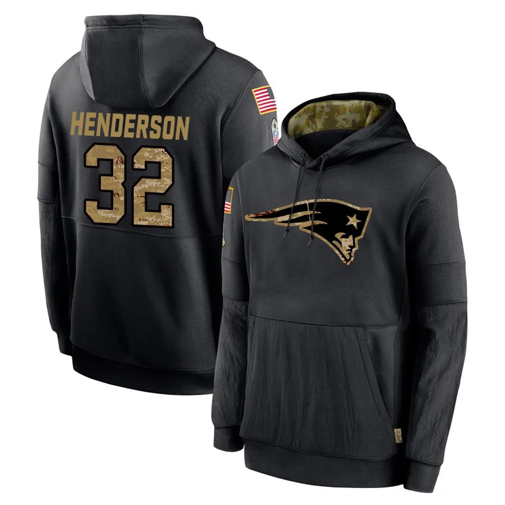 NE.Patriots #32 TreVeyon Henderson Player Black Salute to Service Hoodies Limited Game Ldoa Stitched Jerseys