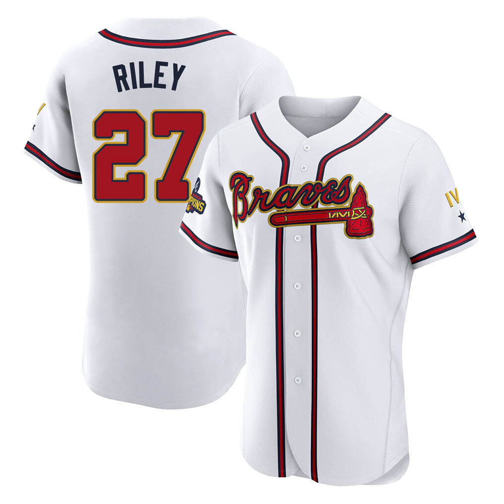 A.Braves #27 Austin Riley Player White Gold Limited Elite Home Game Ldoa Stitched Jerseys