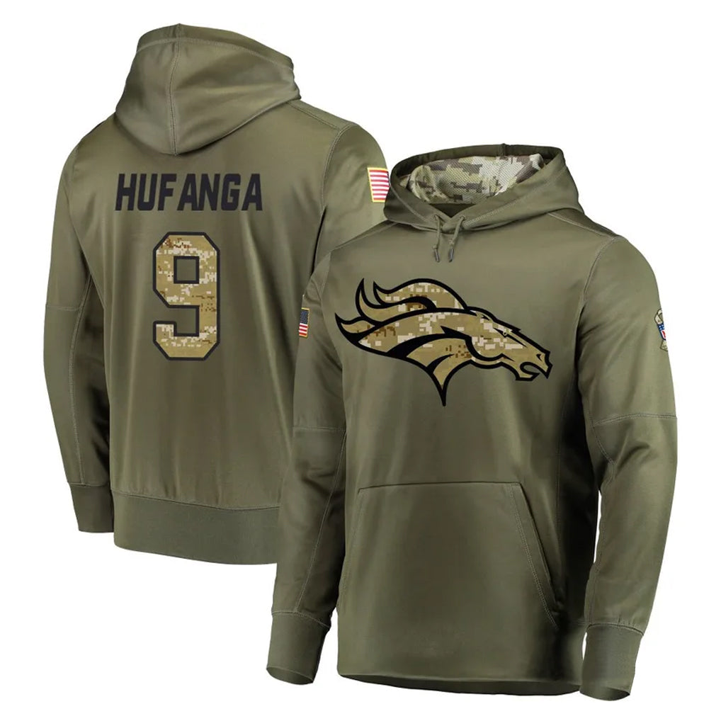 D.Broncos #9 Talanoa Hufanga Player Olive Salute to Service Pullover Hoodies Home Game Ldoa Stitched Jerseys