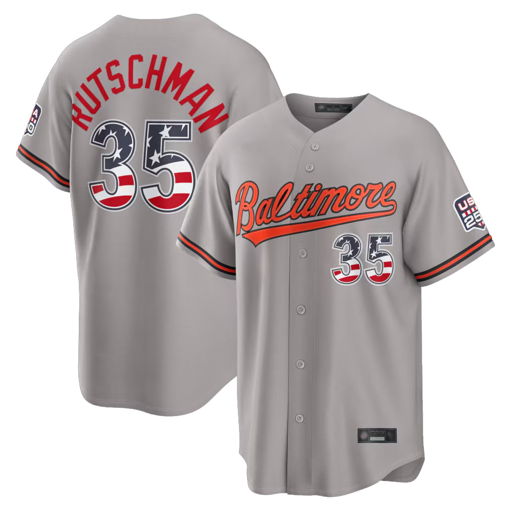 B.Orioles #35 Adley Rutschman Player Gray USA 250 Fourth of July Home Game Ldoa Stitched Jerseys