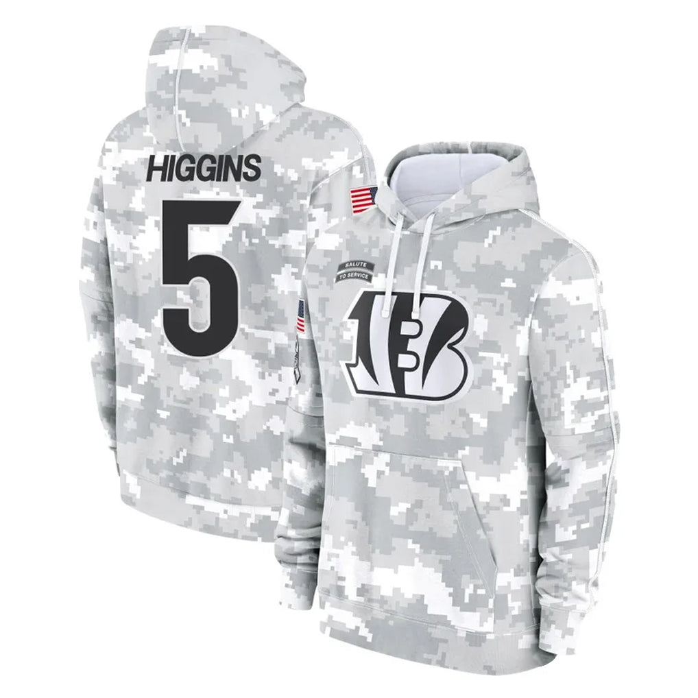 C.Bengals #5 Tee Higgins Player Arctic Camo Salute to Service Pullover Hoodie Limited Ldoa Stitched Jerseys