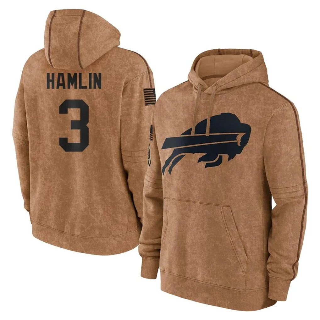 B.Bills #3 Damar Hamlin Player Brown Salute to Service Hoodies Ldoa Stitched Jerseys