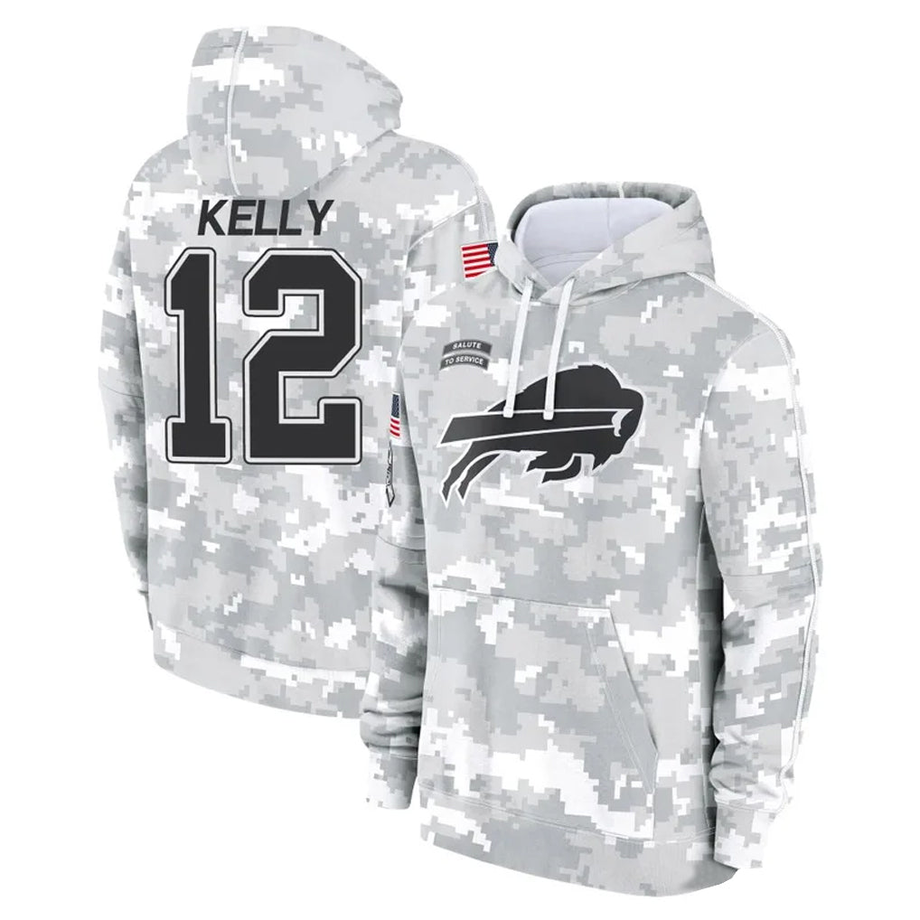 B.Bills #12 Jim Kelly Player Arctic Camo Salute to Service Hoodies Limited Ldoa Stitched Jerseys