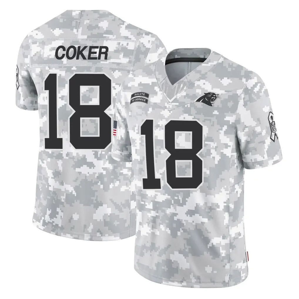C.Panthers #18 Jalen Coker Player Arctic Camo Salute to Service Limited Game Ldoa Stitched Jerseys