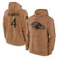 B.Ravens #4 Zay Flowers Player Brown Salute to Service Pullover Hoodie Ldoa Stitched Jerseys