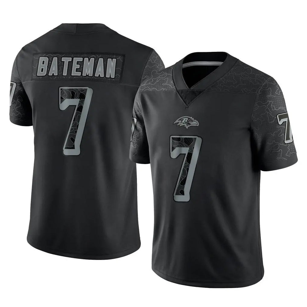 B.Ravens #7 Rashod Bateman Player Black REFLECTIVE Limited Ldoa Stitched Jerseys