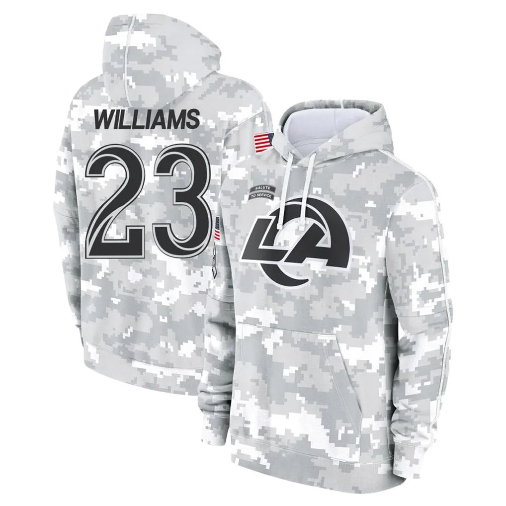LA.Rams #23 Kyren Williams Player Arctic Camo Salute to Service Hoodies Limited Game Ldoa Stitched Jerseys