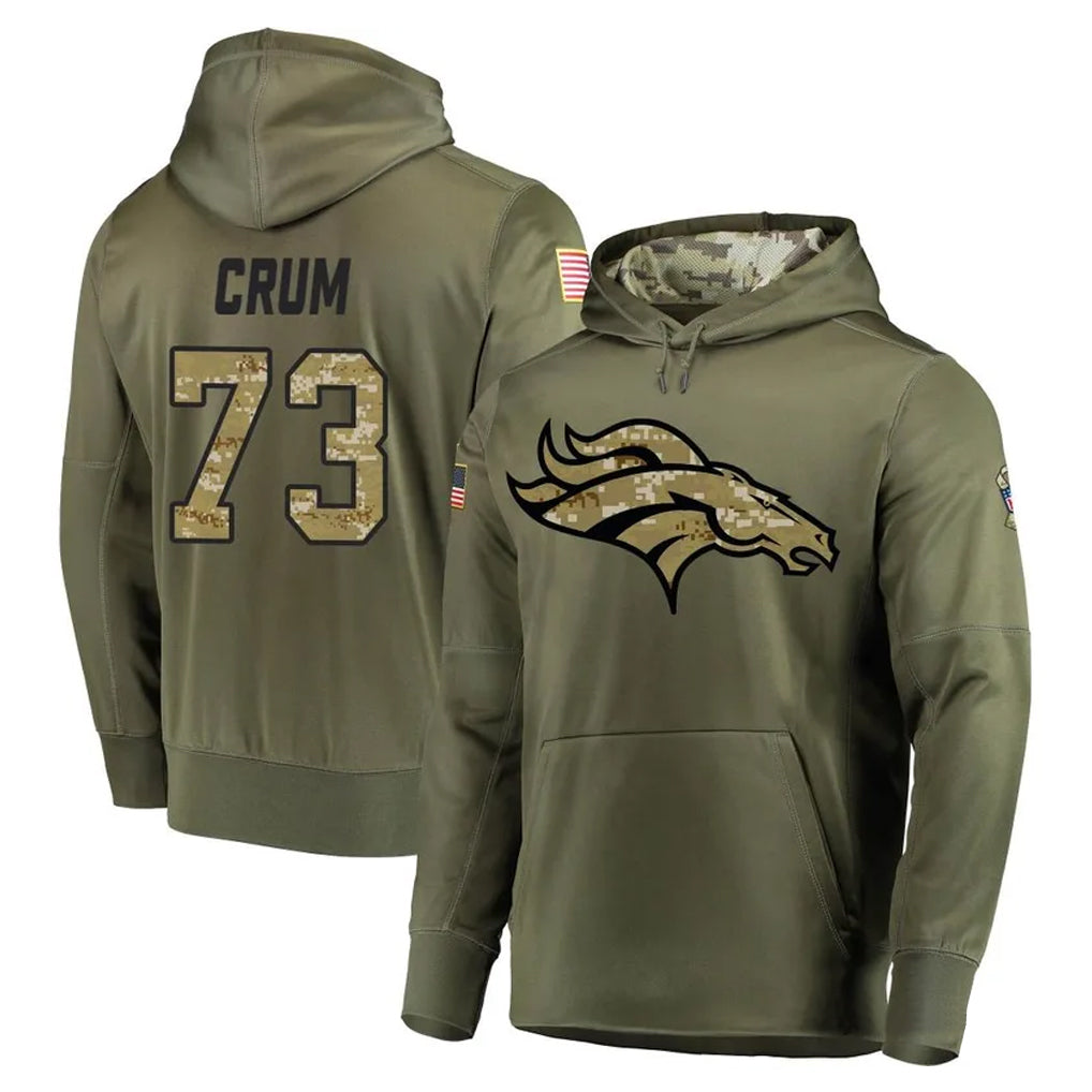 D.Broncos #73 Frank Crum Player Olive Salute to Service Pullover Hoodies Home Game Ldoa Stitched Jerseys