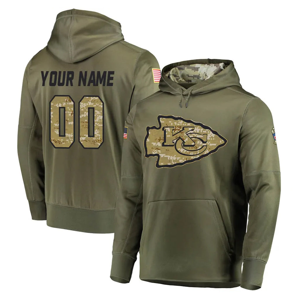 Custom KC.Chiefs Olive Salute to Service Pullover Hoodies Home Game Any Name & Numbers Ldoa Stitched Jerseys