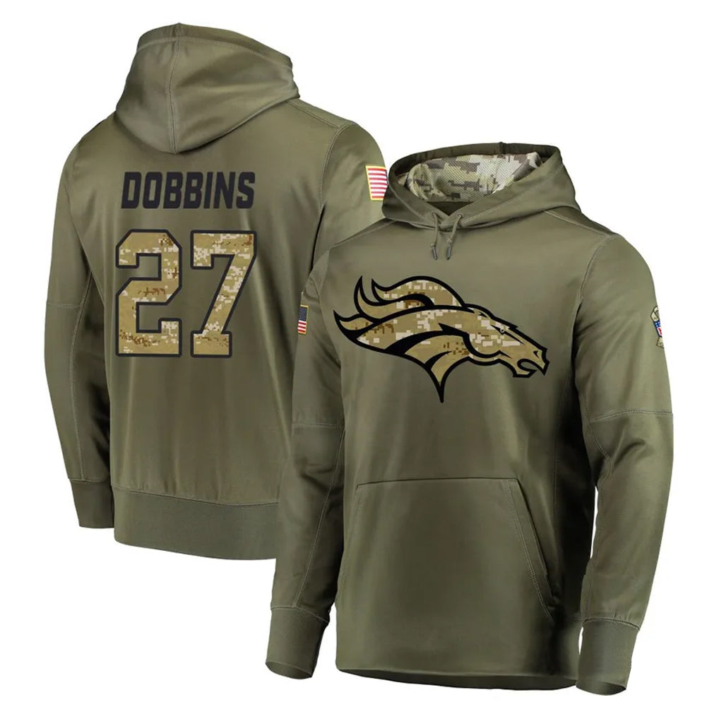 D.Broncos #27 J.K. Dobbins Player Olive Salute to Service Pullover Hoodies Home Game Ldoa Stitched Jerseys