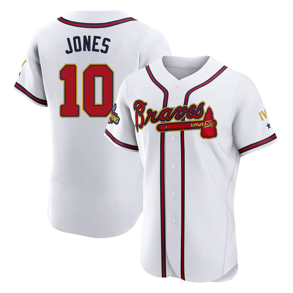 A.Braves #10 Chipper Jones Player White Gold Limited Elite Home Game Ldoa Stitched Jerseys