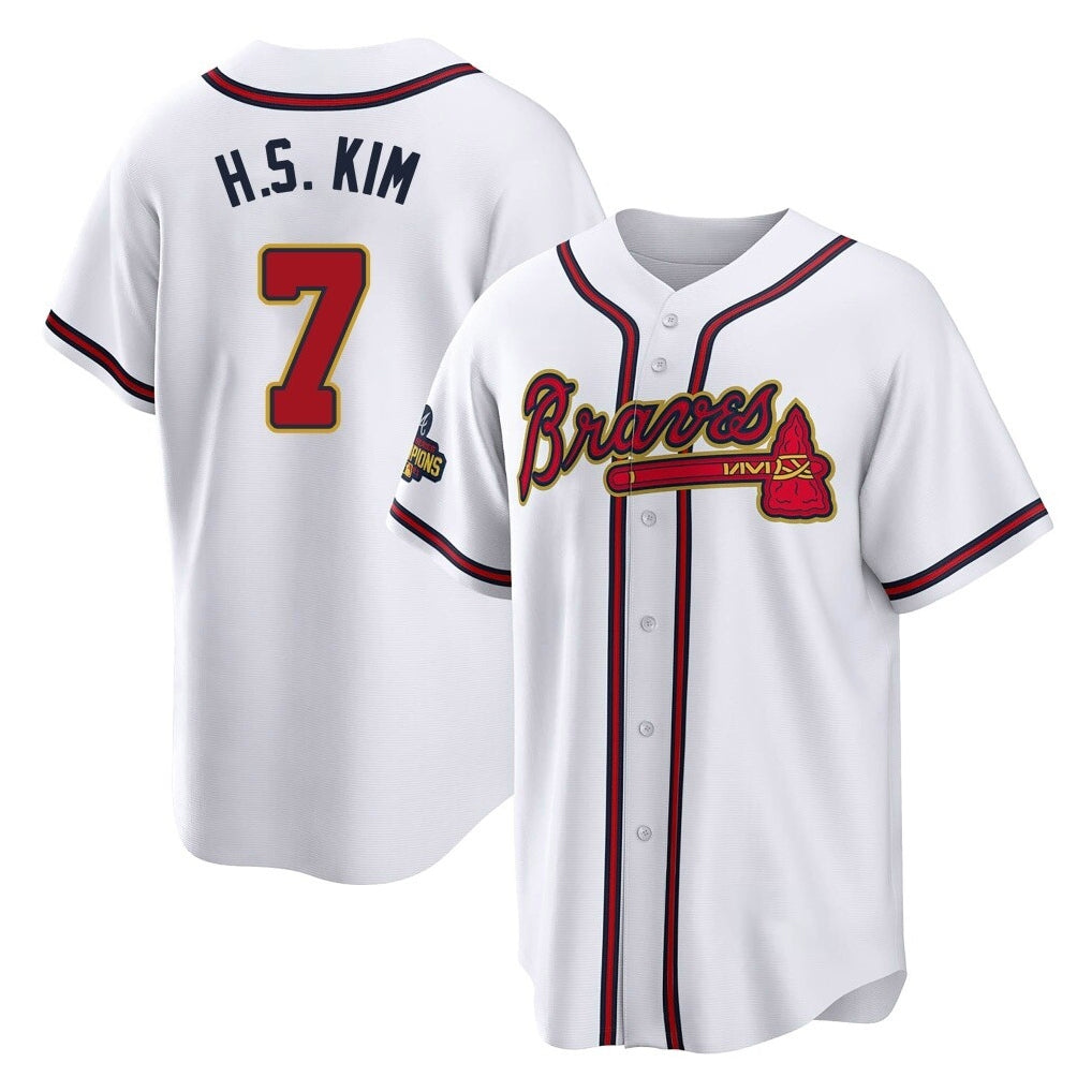 A.Braves #7 Ha-Seong Kim Player White Gold Home Game Ldoa Stitched Jerseys