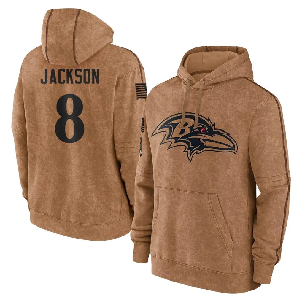 B.Ravens #8 Lamar Jackson Player Brown Salute to Service Pullover Hoodie Ldoa Stitched Jerseys