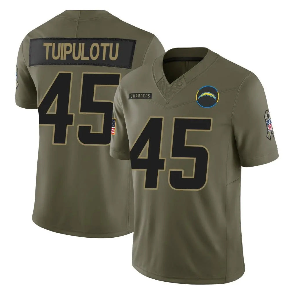 LA.Chargers #45 Tuli Tuipulotu Player Olive 2025 Salute To Service Limited Game Ldoa Stitched Jerseys