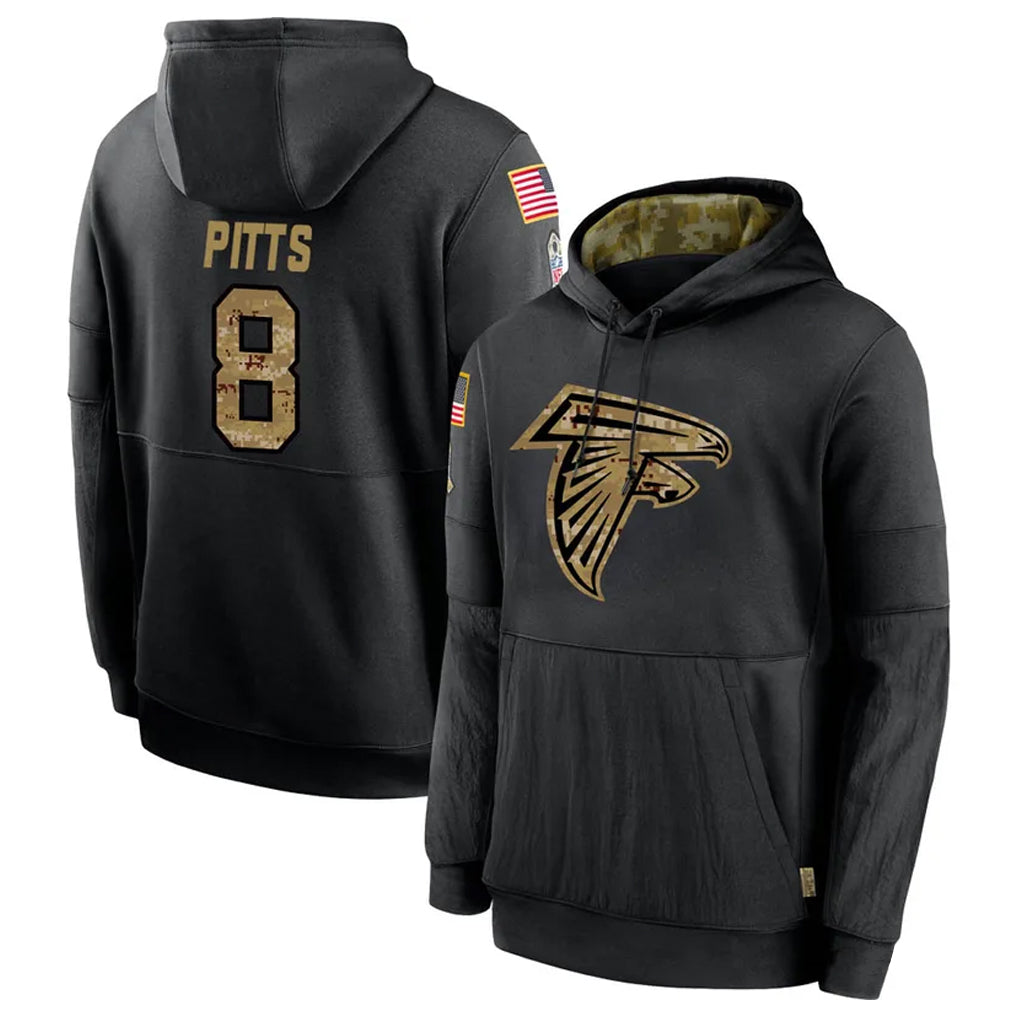 A.Falcons #8 Kyle Pitts Sr. Player Black Salute to Service Limited Black Hoodie Ldoa Stitched Jerseys