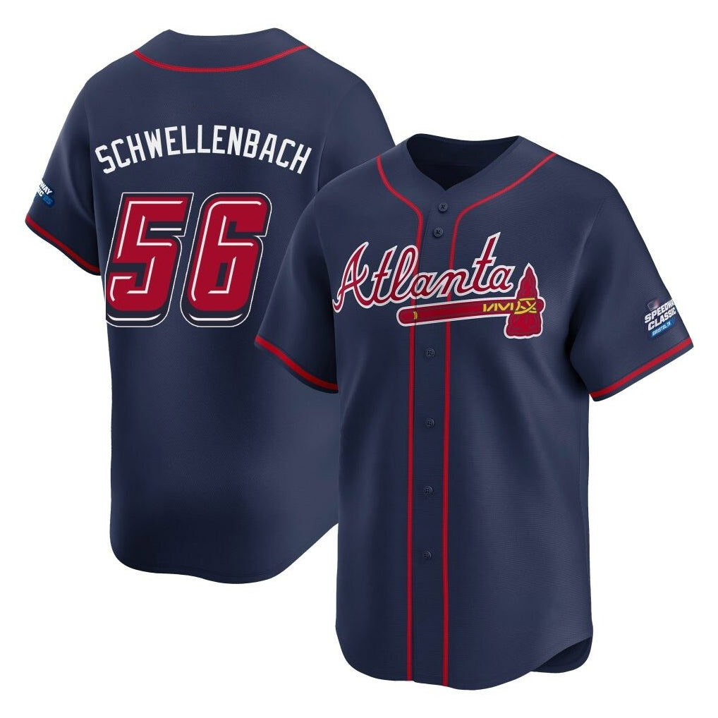 A.Braves #56 Spencer Schwellenbach Player Navy 2025 Speedway Classic Home Game Ldoa Stitched Jerseys