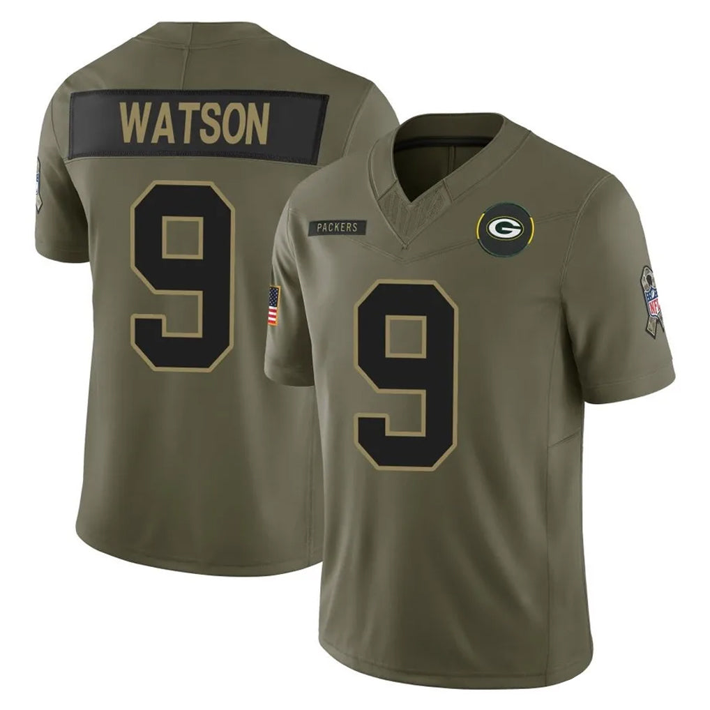 GB.Packers #9 Christian Watson Player Olive 2025 Salute To Service Limited Home Game Ldoa Stitched Jerseys