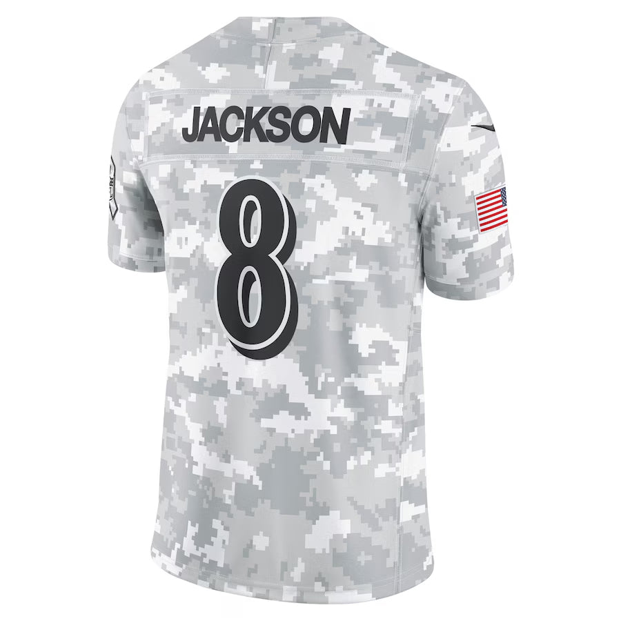 B.Ravens #8 Lamar Jackson Player Arctic Camo Salute to Service Limited Ldoa Stitched Jerseys