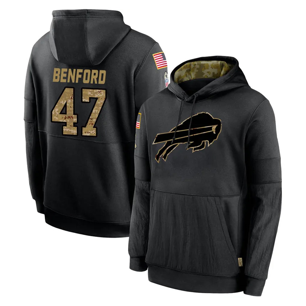 B.Bills #47 Christian Benford Player Black Salute to Service Hoodies Hame Ldoa Stitched Jerseys