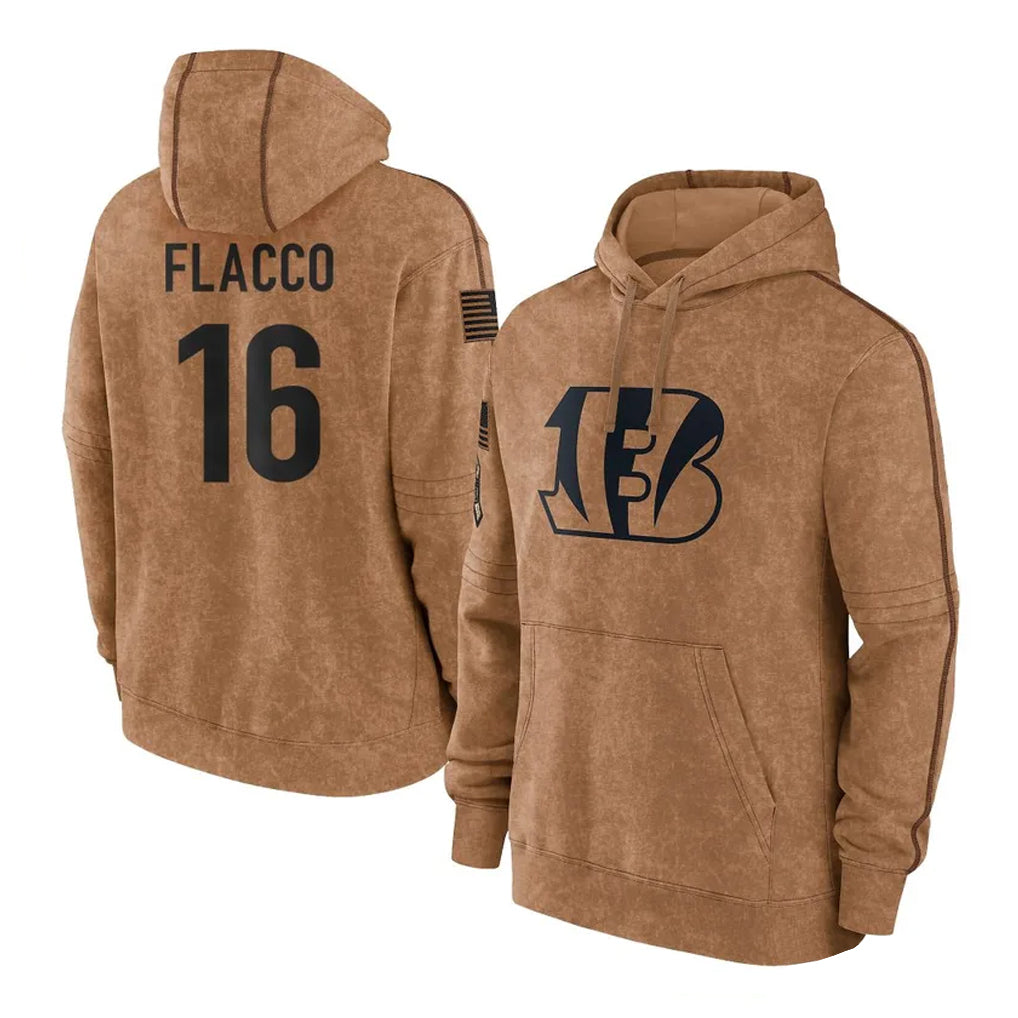 C.Bengals #16 Joe Flacco Player Brown Salute to Service Pullover Hoodie Limited Ldoa Stitched Jerseys