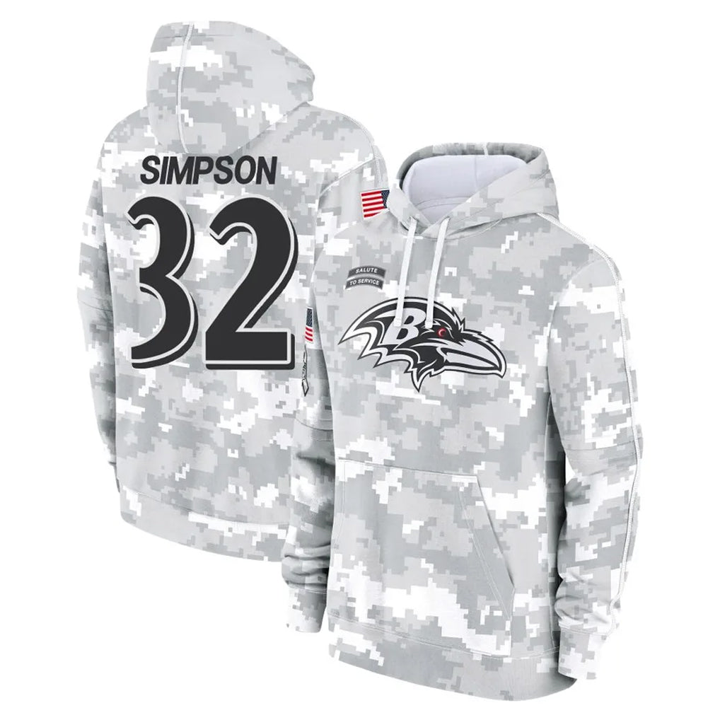 B.Ravens #32 Trenton Simpson Player Arctic Camo Salute to Service Pullover Hoodie Ldoa Stitched Jerseys