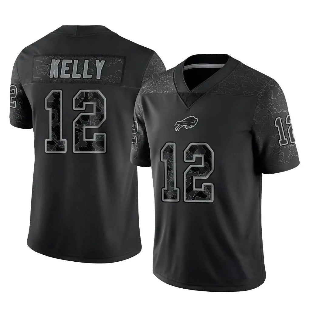 B.Bills #12 Jim Kelly Player Black RFLCTV Limited Ldoa Stitched Jerseys
